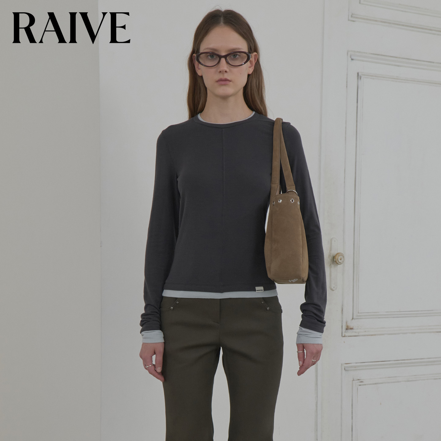 RAIVE韩系修身双层圆领长袖T恤
