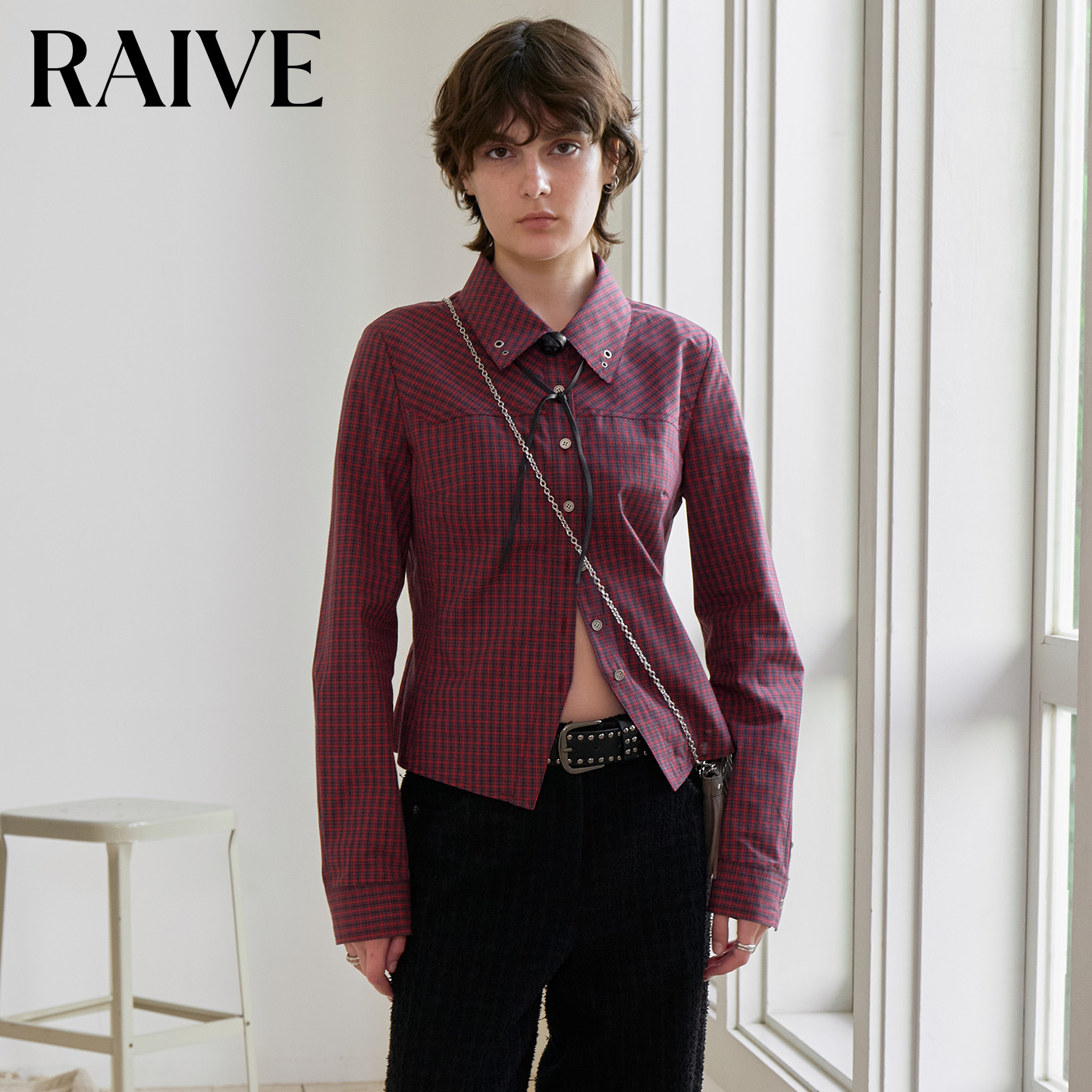 RAIVE格纹收腰通勤翻领长袖衬衫