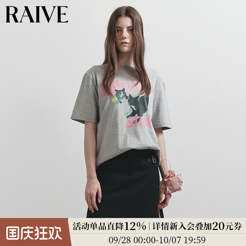 RAIVE猫咪印花宽松落肩版型T恤图片