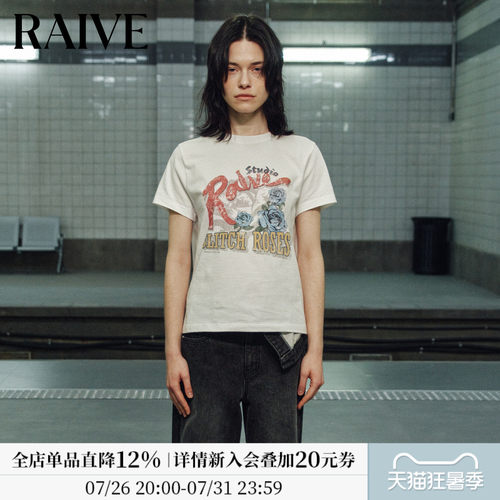 RAIVE字母玫瑰印花休闲韩系宽松T