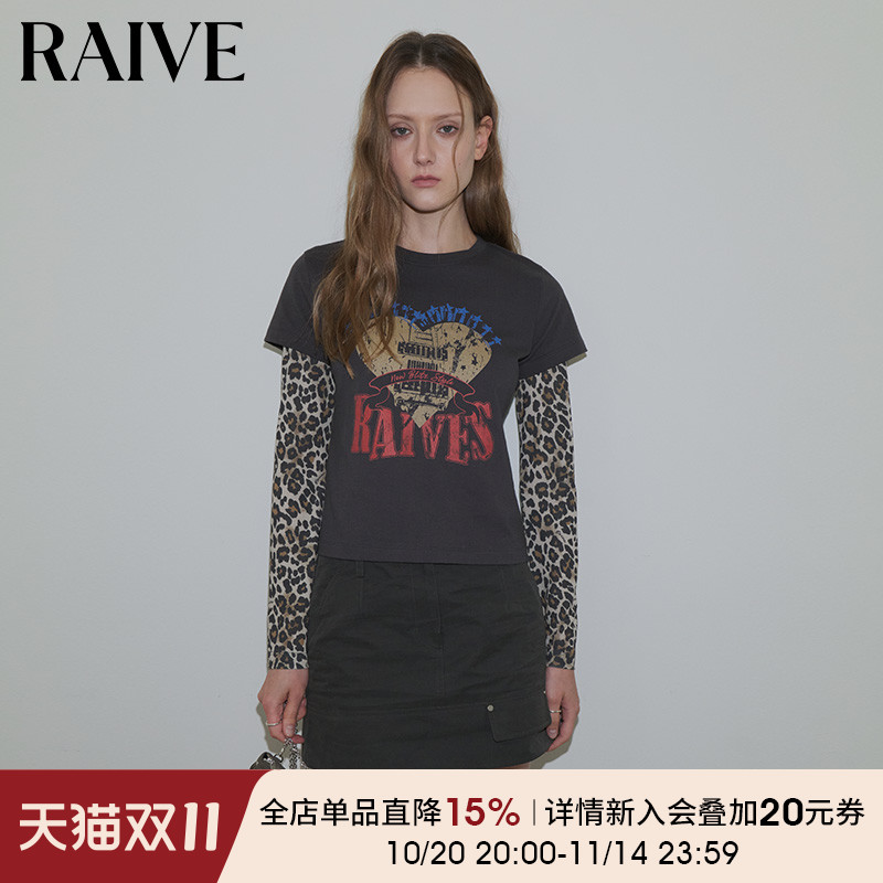 RAIVE撞色印花假两件豹纹长袖T恤