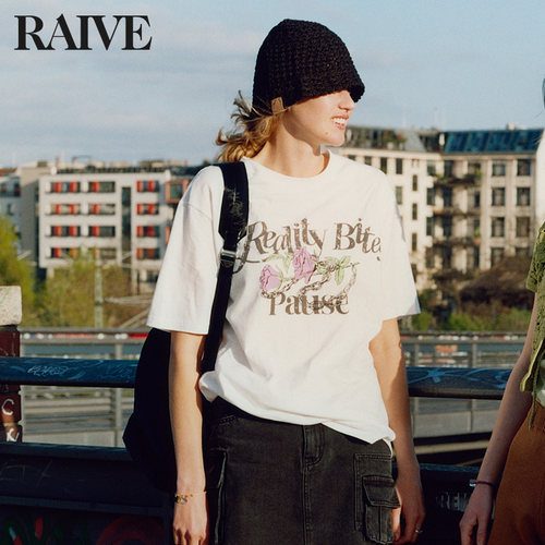 RAIVE玫瑰印花复古宽松T恤短袖