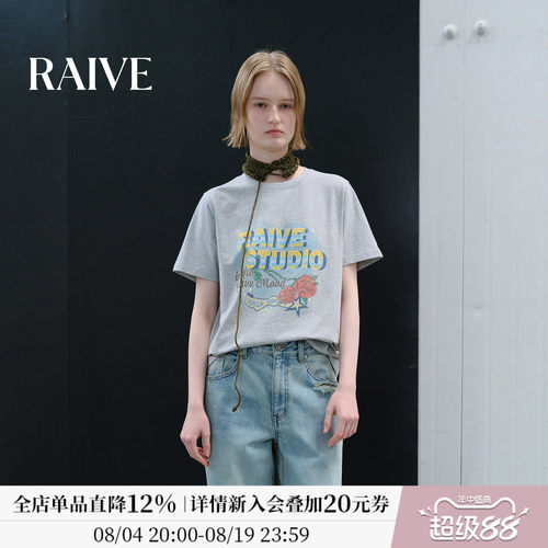 RAIVE晕染字母玫瑰印花宽松短袖T
