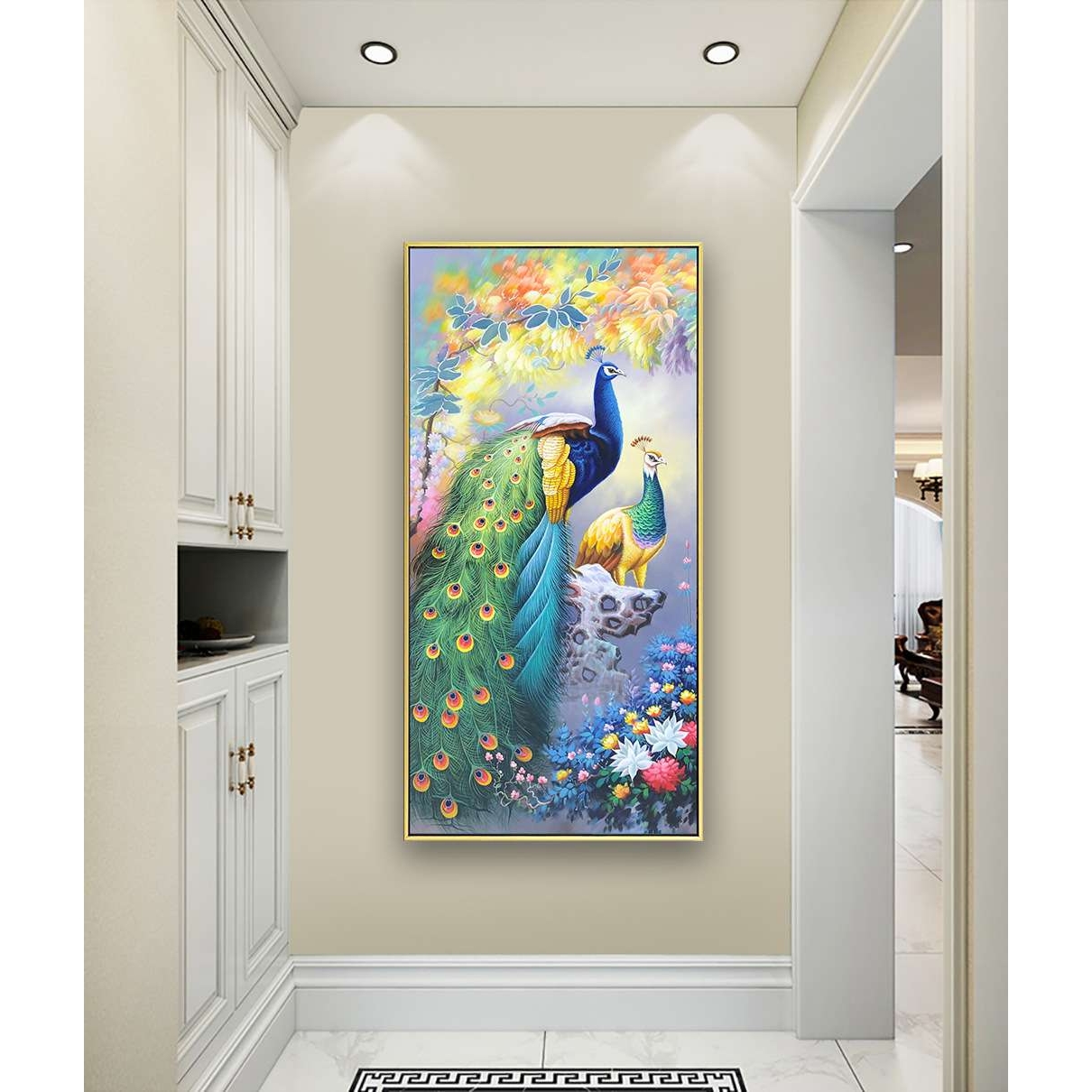 新中式手绘孔雀油画玄关装饰画客厅挂画美式过道竖版高端入户壁画图片