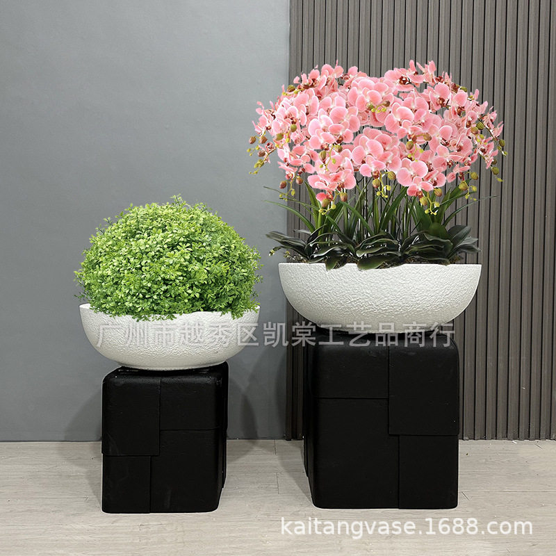 现代圆形玻璃钢装饰花瓶别墅庭院酒店大堂样板房落地绿植花艺摆设