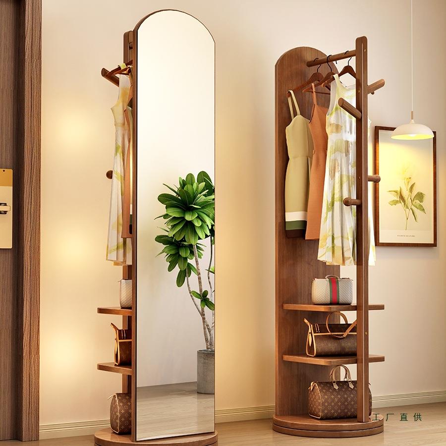 实木挂衣架卧室落地衣帽架带镜子一体客厅家用可移动多功能置物架