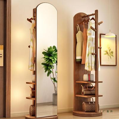 实木挂衣架卧室落地衣帽架带镜子一体客厅家用可移动多功能置物架