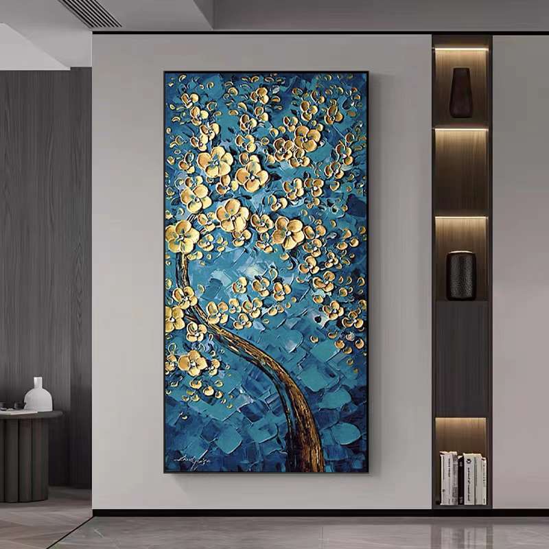 蓝韵发财树手绘油画现代简约入户玄关装饰画立体厚油走廊过道挂画图片