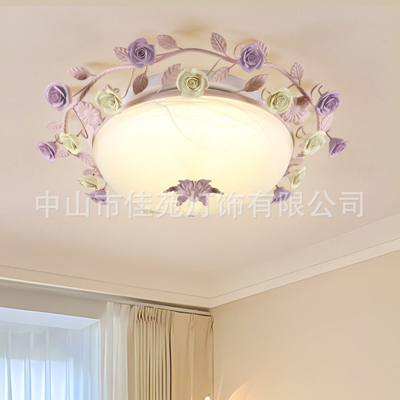 佳苑田园灯紫色卧室灯浪漫玫瑰花圆形房间吸顶灯led花草灯奶油风