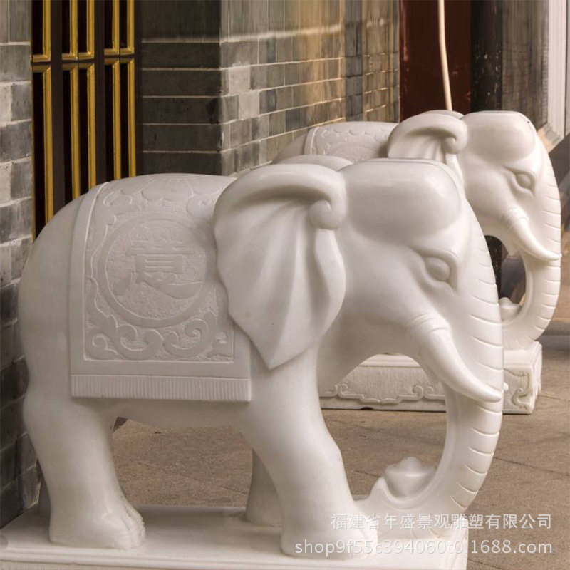 大理石象雕塑现货惠安石雕厂家汉白玉守门口吸水石头大象一对