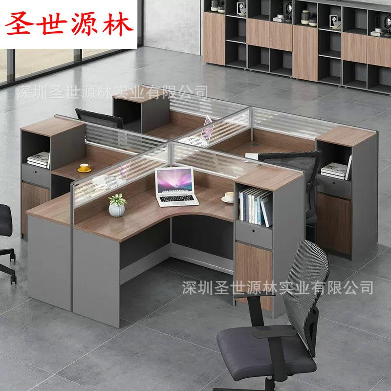 直销胡桃木色屏风卡位L型带柜办公桌拼色简约现代多人电脑桌