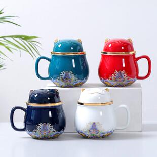 陶瓷办公室家用带盖过滤礼品个人茶水分离杯泡茶杯子 国潮风便携式