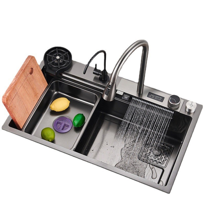 304不锈钢数显水槽飞雨水槽厨房水槽大单槽加厚手工纳米洗菜盆