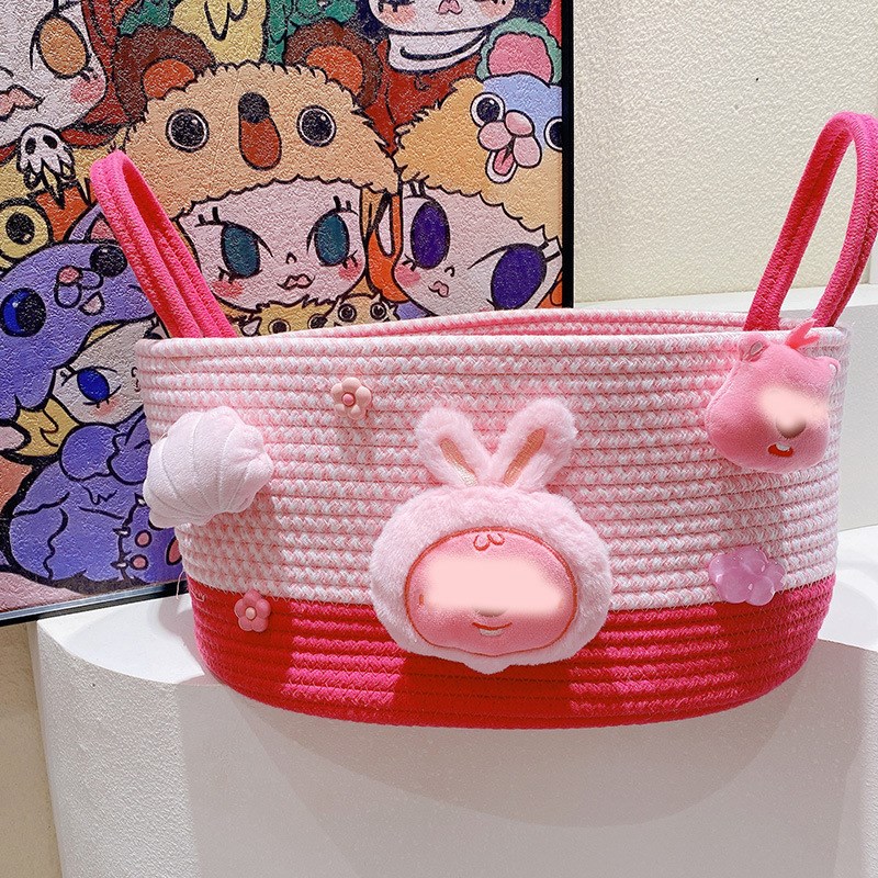 HD1011A08花朵熊猫布贴棉线收纳筐多巴胺色卡通可爱大容量收纳篮