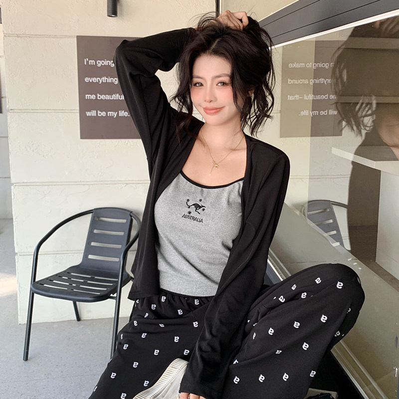 少女星球大码女装秋季三件套吊带开衫阔腿裤套装收腰显瘦韩版套装