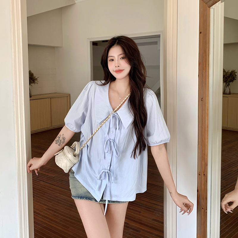 少女星球 大码减龄设计感短袖衬衫女夏季胖mm显瘦高级感系带上衣