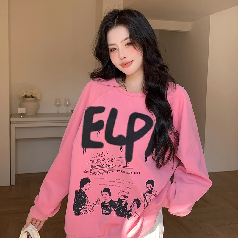 少女星球大码女装秋冬季粉色宽松显瘦韩版印花卫衣女休闲裤两件套