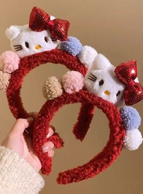 秋冬卡通风Hello Kitty毛绒发箍女可爱红色洗脸头箍防滑头饰