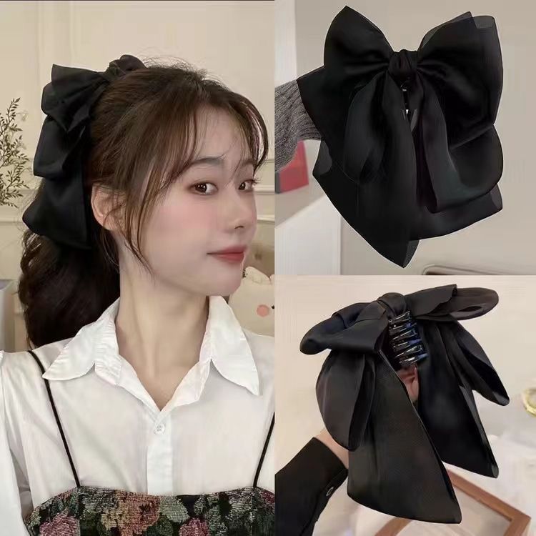 缎面大蝴蝶结抓夹高马尾黑色飘带发卡女后脑勺发夹高级感头饰顶夹