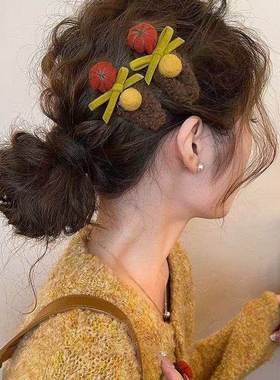 手工毛绒水果发夹边夹女中长发丝绒花朵发饰橙色可爱头饰通用
