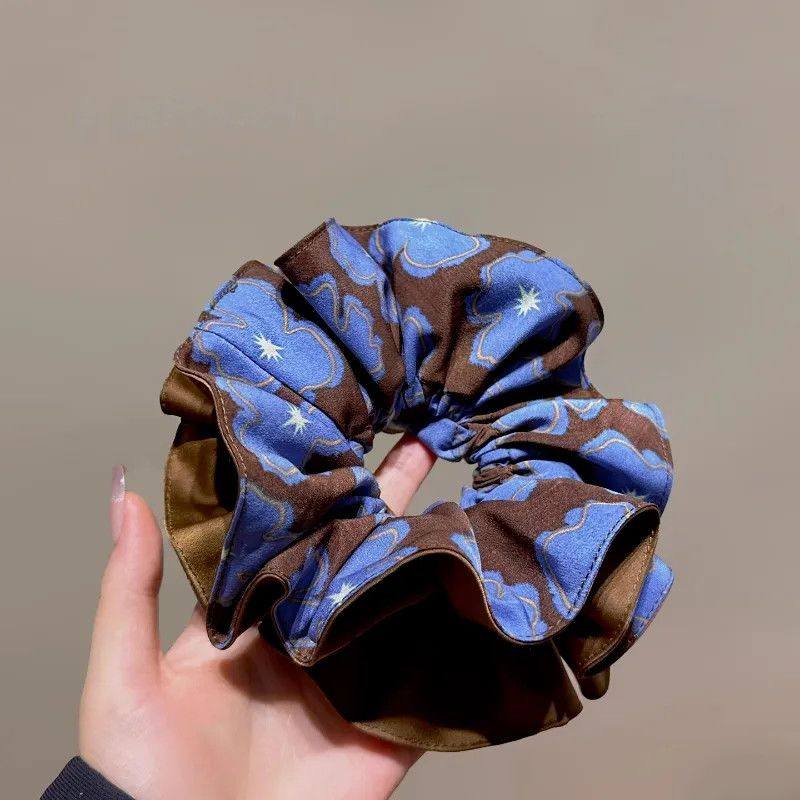 复古蓝撞色双层花朵大肠发圈