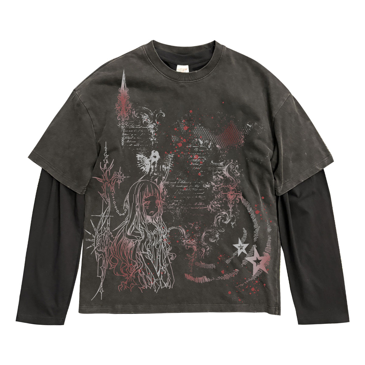 十卟SHIBU 黑红少女印花ins轻亚文化个性废土风VTG上衣两件套T恤