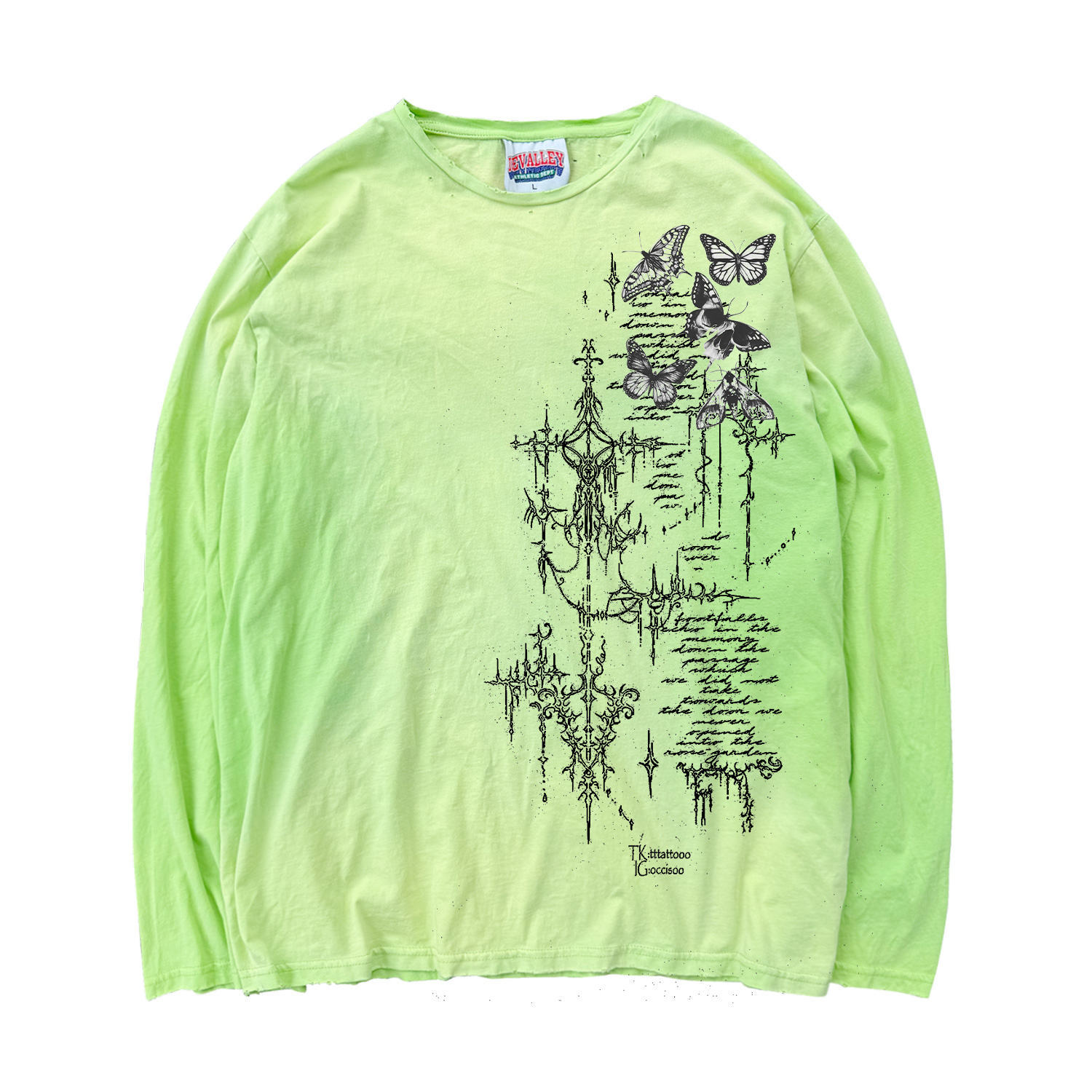 十卟SHIBU 赛博符印线条亚文化暗黑蝴蝶长袖T恤宽松水洗做旧吊染