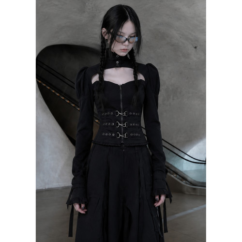 暗黑哥特束腰长袖上衣 Gothic Corset Top镂空露肩朋克亚文化女装