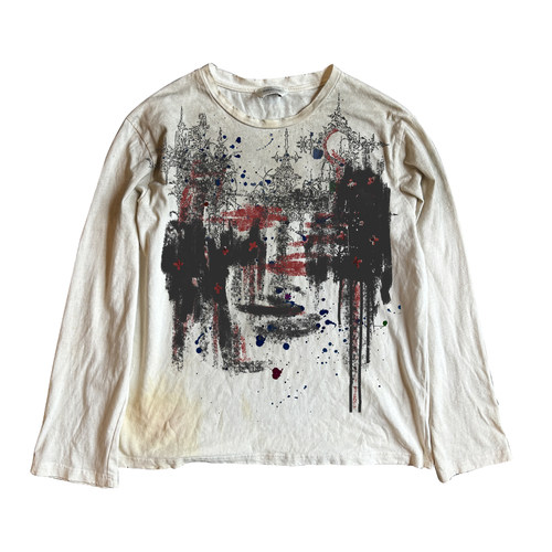 十卟SHIBU 金属感红黑穿搭ins潮感PUNK乐队做旧脏脏长袖古着感T恤