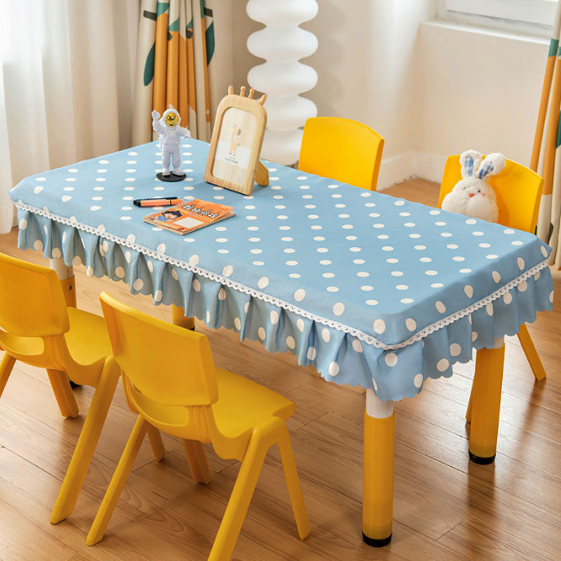 蓝白波点幼儿园桌布防水粉色圆点长方形小学生课桌套罩60*120定制