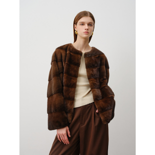 北欧传奇 进口天鹅绒整貂水貂貂皮皮草复古休闲圆领外套 古典时钟