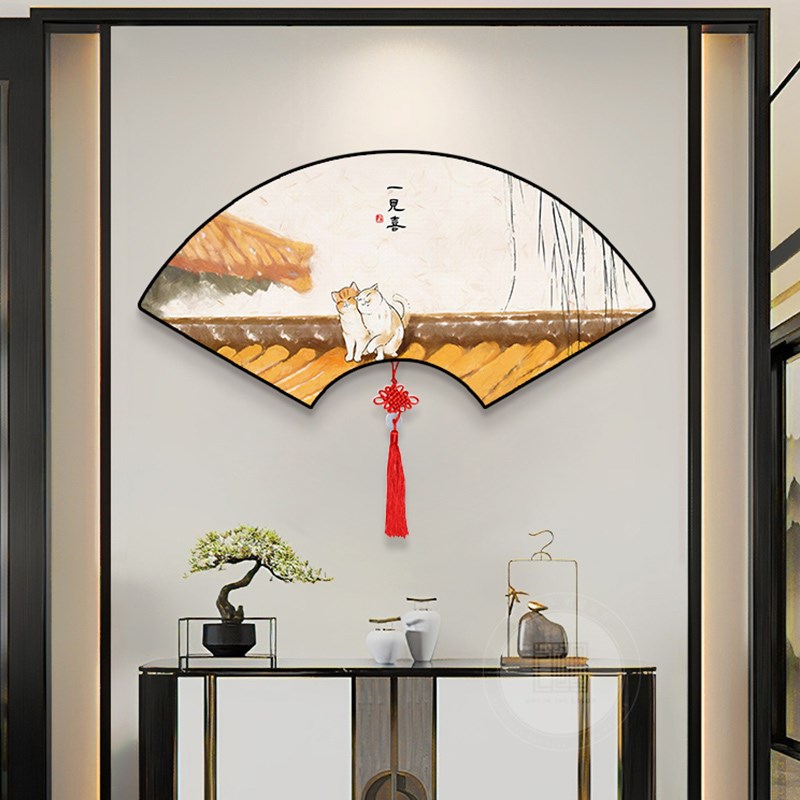 极速扇形扇面挂画中国结新中式客厅装饰画K饭店背景墙歺厅柿子墙