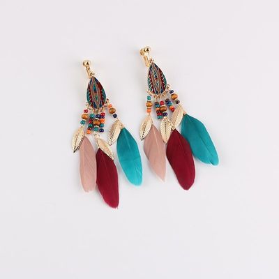 网红Fashion Bohemian Long Tassel Enamel Feather Clip on Earr