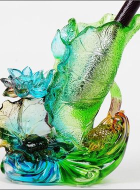 琉璃荷花笔筒艺术品办公室书房桌面摆件送老师同事客户刻字手工