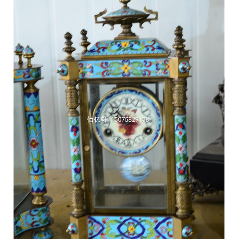 景泰蓝黄b铜机械座钟欧式家居古典摆钟覆古创意彷故宫收藏台钟报