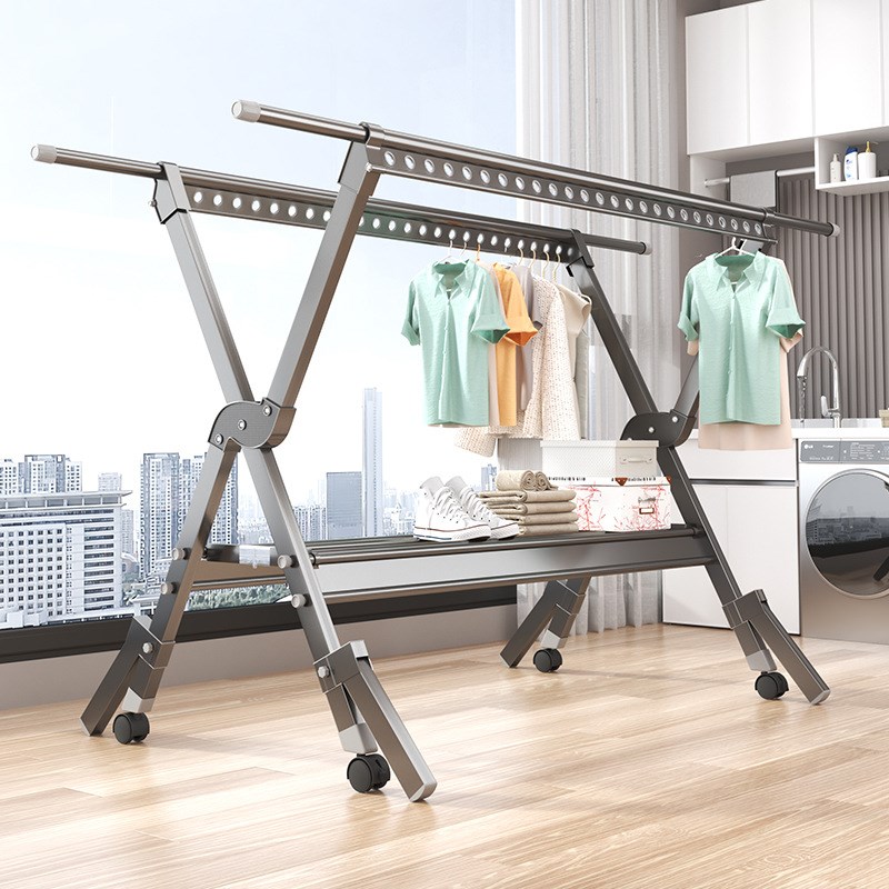 晾衣架阳台家用落n地加粗加厚室外防风可折叠带轮子户外晒被子