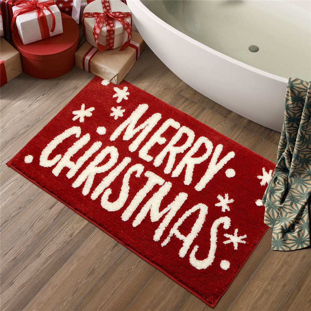 Red Christmas Merry Classic Flocking  Bathroom Mat Non