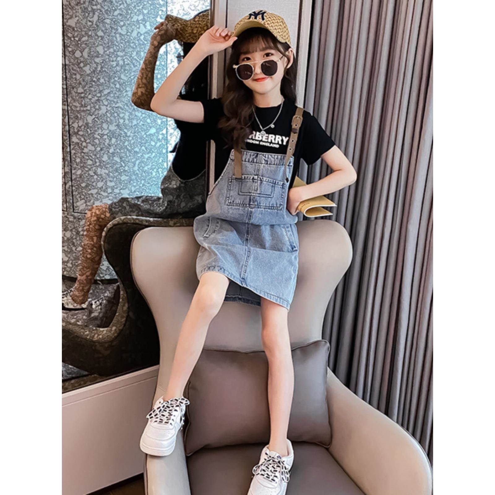 潮牌1212女童夏装裙子儿童新款短裤套装牛仔背带裙大童洋气连衣裙