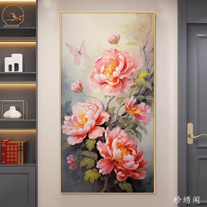 2024新款5d钻石画牡丹花开富贵玄关F竖版粘贴砖点钻十字绣过道走