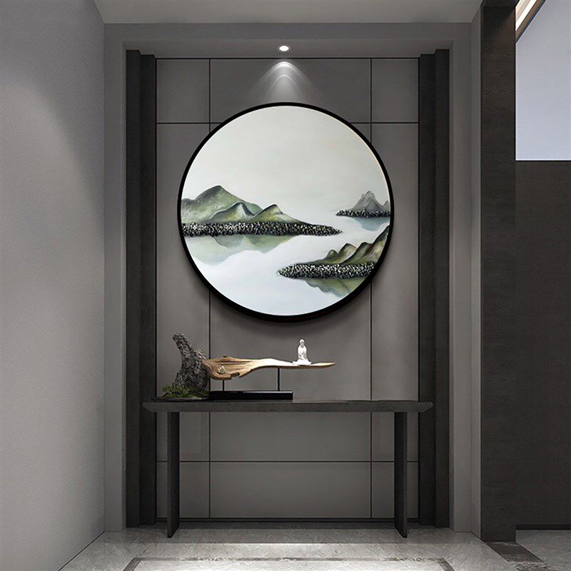 高端新中式立体塑形纯手绘玄关圆形装饰画卧O室客厅风水画过道挂