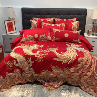 高端140支匹马棉四o件套全棉婚庆龙凤刺绣被套100中式 新婚床品