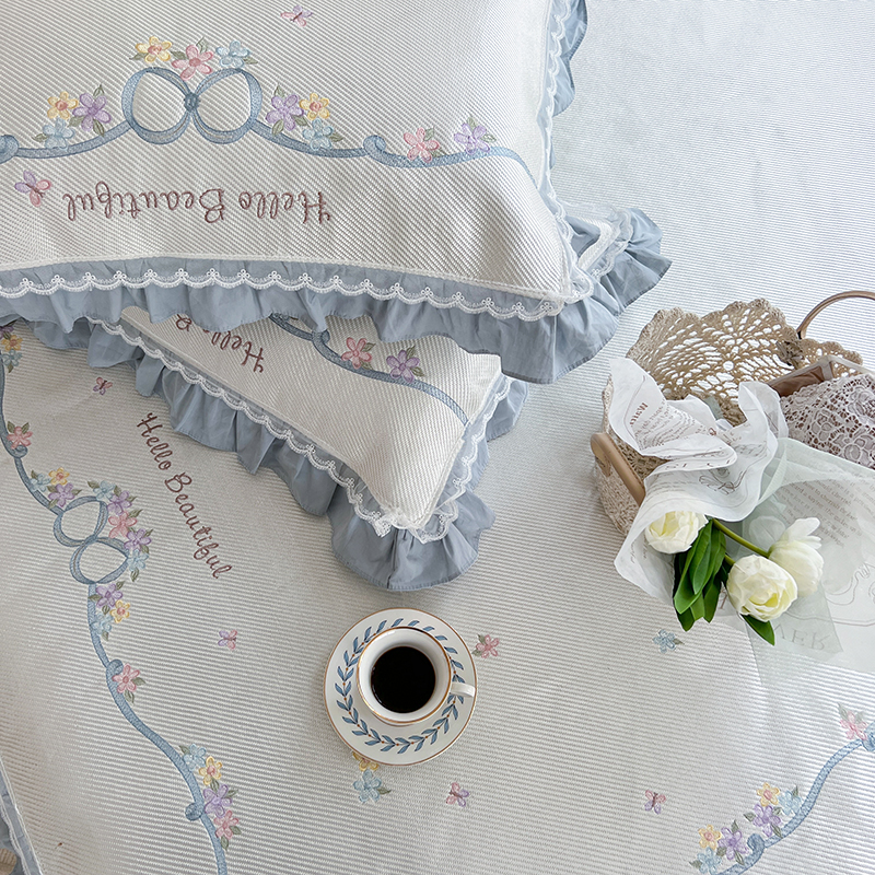 小清新夏季冰丝凉席三件套v少女z心荷叶花边可水洗单双人空调软席