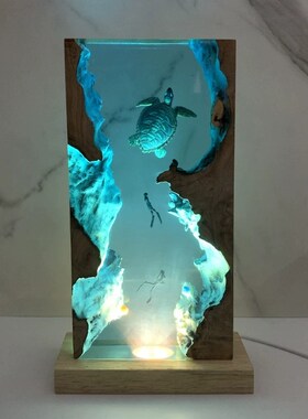 溶洞海底世界大海龟蓝鲸鲨鱼潜y水员氛围小夜灯圣诞节日朋礼物摆