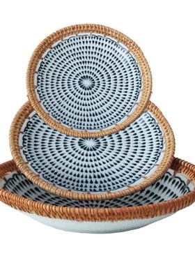 Rattan Porcelain Splicing Plate DHandmade Fruit Dessert Cera
