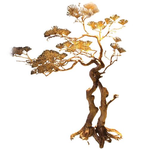 仿真松树大型实木摆件新中式迎客松客厅摆件盆景枯木假景景观树