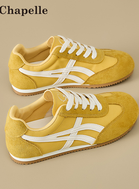 拉夏贝尔黄色德训鞋女2025新款秋冬爆款加绒阿甘鞋子运动休闲板鞋
