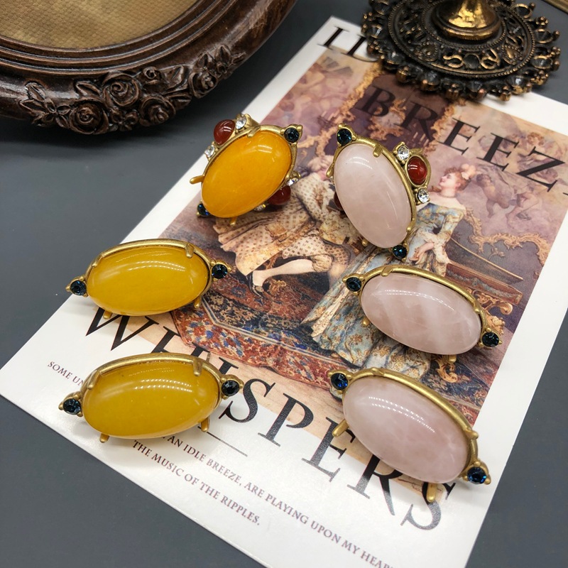 铜材质复古做旧金粉晶黄玉石头爪镶耳钉戒指套装优雅百搭指环耳饰