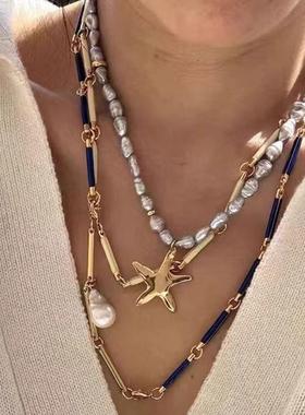 原版现货新款珐琅度假风蓝色项链高级感海星珍珠轻奢锁骨链颈链女