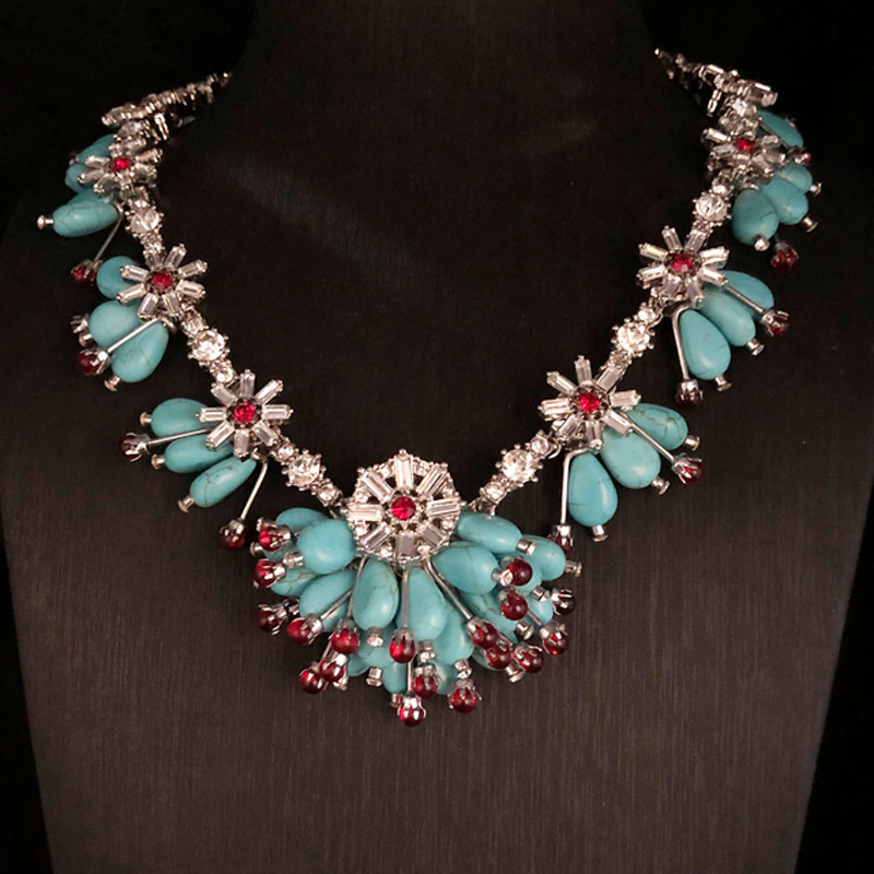 vintage中古重工设计时尚饰品绿松石莱茵石镶嵌优雅气质精致项链