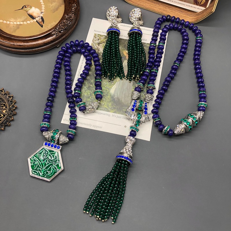 新中式青金石串珠长短款吊坠项链扫肩流苏耳夹气质优雅百搭首饰